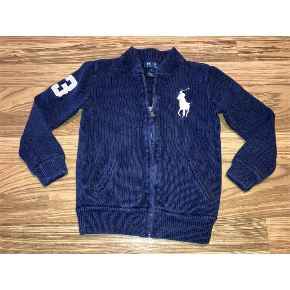 Polo Ralph Lauren Big Pony Boys Zip‎ Up Cardigan Sweater Blue Cotton Rugby sz 6